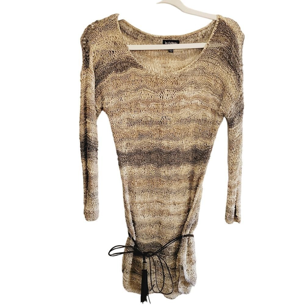 Le Chateau Tan Ombre Wave Open Knit Tunic Sweater with Tassel Belt Small